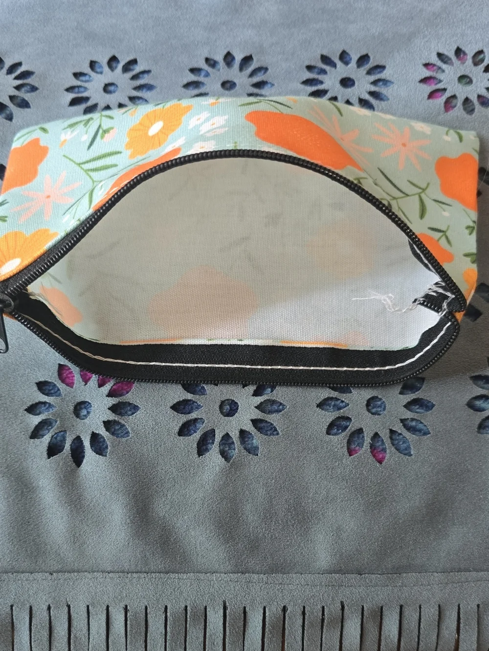 Floral Zip Pouch in Mint with Orange Poppy Flowers